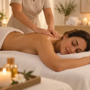 Mujer disfrutando de un masaje relajante en una sala de spa limpia y luminosa de Glow Beauty Puerto Banús.
