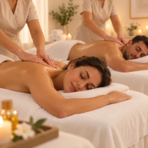 Pareja disfrutando de un masaje relajante en una sala de spa limpia y luminosa de Glow Beauty Puerto Banús.